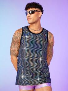 FeverCity Men Sequin Contrast Binding Tank Top - Multicolor - View 6