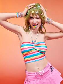 ROMWE Kawaii Rainbow Striped Ruched Halter Top - Multicolor - View 1