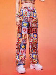 ROMWE Kawaii Pantalones de pierna ancha con retazo - Multicolor - Ver 1