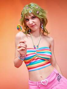ROMWE Kawaii Rainbow Striped Ruched Halter Top - Multicolor - View 3