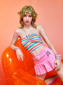 ROMWE Kawaii Rainbow Striped Ruched Halter Top - Multicolor - View 5