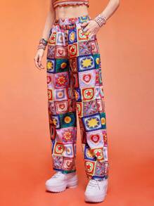 ROMWE Kawaii Pantalones de pierna ancha con retazo - Multicolor - Ver 3