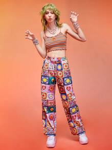ROMWE Kawaii Pantalones de pierna ancha con retazo - Multicolor - Ver 4