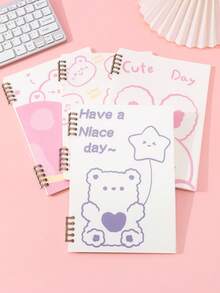 Cartoon Cute Non-cutting Hand Ring Binder Portable Notebook, Bear Design, 1pc - Pink - View 5