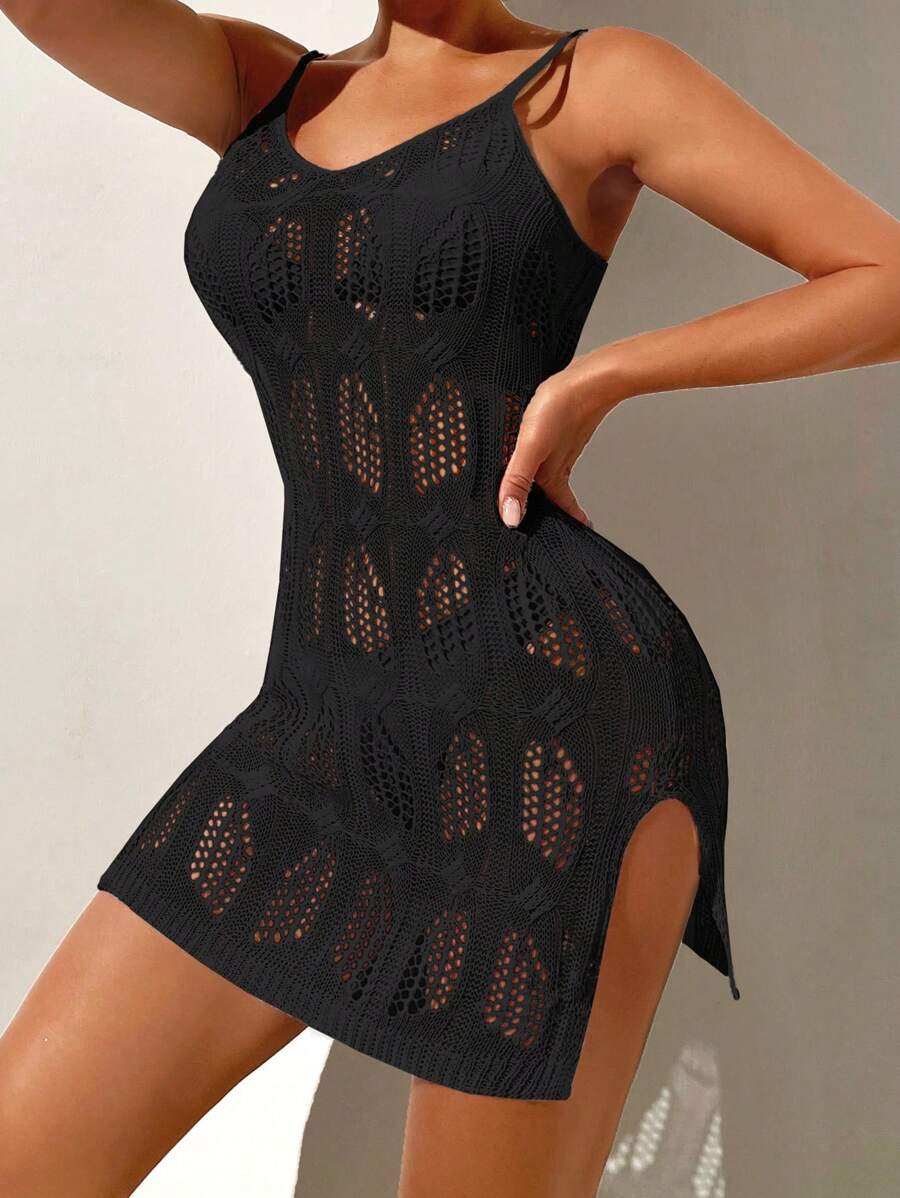 Swim Vcay 鏤空高開叉罩衫洋裝不附比基尼 - 黑色 - 查看 1