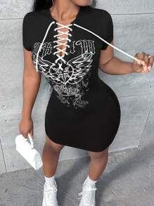 Slaydiva 愛心和字母圖案前繫帶緊身連衣裙 - 黑色 - 查看 1