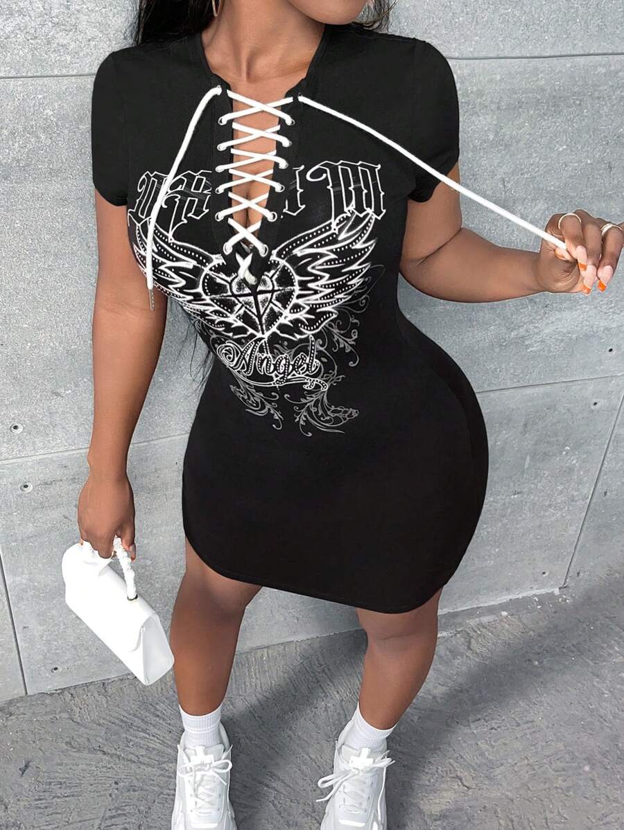 Slaydiva 愛心和字母圖案前繫帶緊身連衣裙 - 黑色 - 查看 1