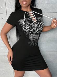 Slaydiva 愛心和字母圖案前繫帶緊身連衣裙 - 黑色 - 查看 4