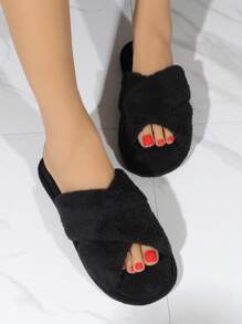 秋冬女士交叉毛绒家居拖鞋，时尚黑色卧室拖鞋，毛茸茸的鞋子