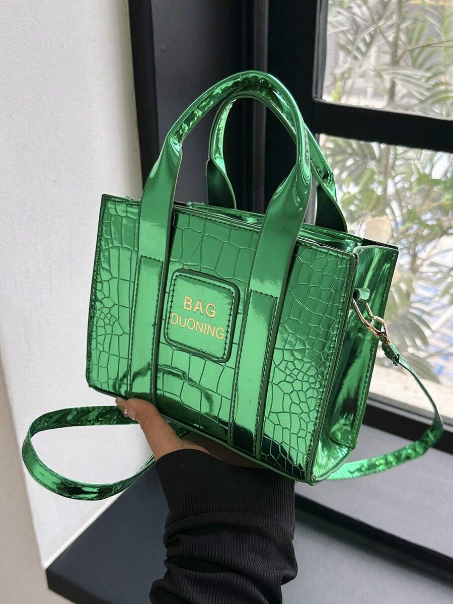 迷你方包鱷魚壓紋字母圖案金屬質感前衛 - 綠色 - 查看 1