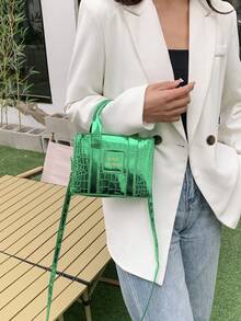 迷你方包鱷魚壓紋字母圖案金屬質感前衛 - 綠色 - 查看 2