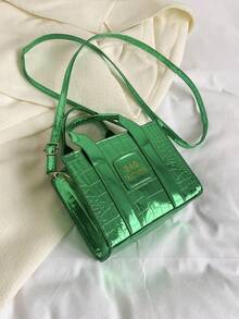 迷你方包鱷魚壓紋字母圖案金屬質感前衛 - 綠色 - 查看 4