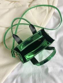 迷你方包鱷魚壓紋字母圖案金屬質感前衛 - 綠色 - 查看 7