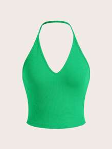 SHEIN EZwear 素色露背掛脖上衣 - 綠色 - 查看 1