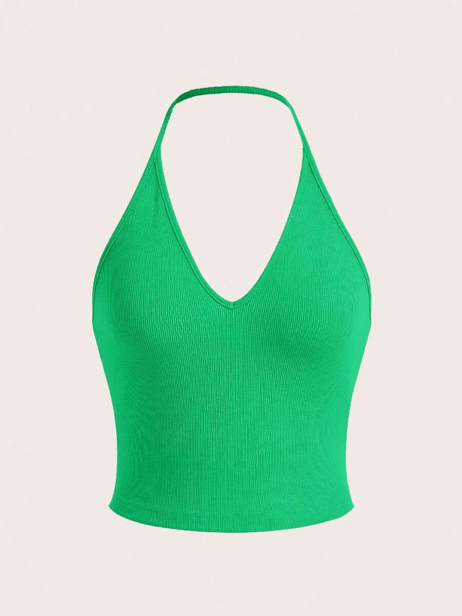 SHEIN EZwear 素色露背掛脖上衣 - 綠色 - 查看 1