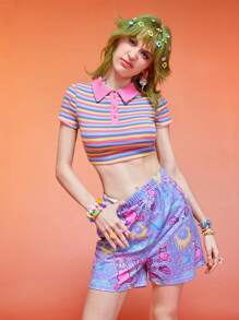 KLARYSSA Cartoon Graphic Shorts - Purple - View 4