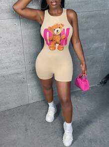Slaydiva 熊和字母圖案彈力緊身連體短褲 - 杏色 - 查看 3