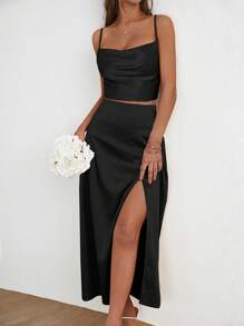 SHEIN Frenchy 素色緞面吊帶上衣和高衩半身裙 - 黑色 - 查看 1