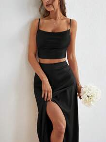 SHEIN Frenchy 素色緞面吊帶上衣和高衩半身裙 - 黑色 - 查看 3