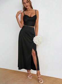 SHEIN Frenchy 素色緞面吊帶上衣和高衩半身裙 - 黑色 - 查看 4