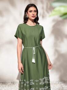 Mulvari Vestido con cinturón con estampado floral de manga murciélago - Verde - Ver 5