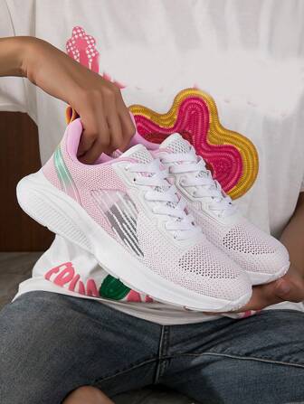 Women Colorblock Lace-up Front Sports Shoes, Sporty Outdoor Fabric Running Shoes