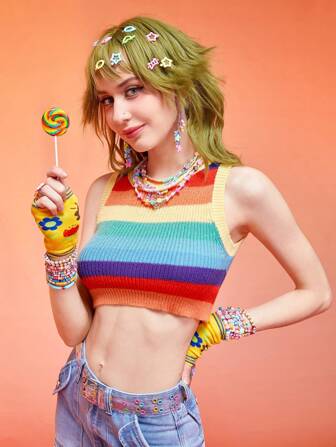Kawaii Rainbow Striped Crop Sweater Vest