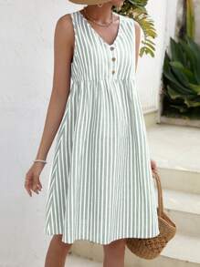 SHEIN Maternity Striped Print Button Front Smock Dress - Mint Green - View 3