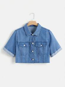 SHEIN EZwear 大碼翻蓋口袋短款牛仔夾克 - 中等水洗藍 - 查看 1