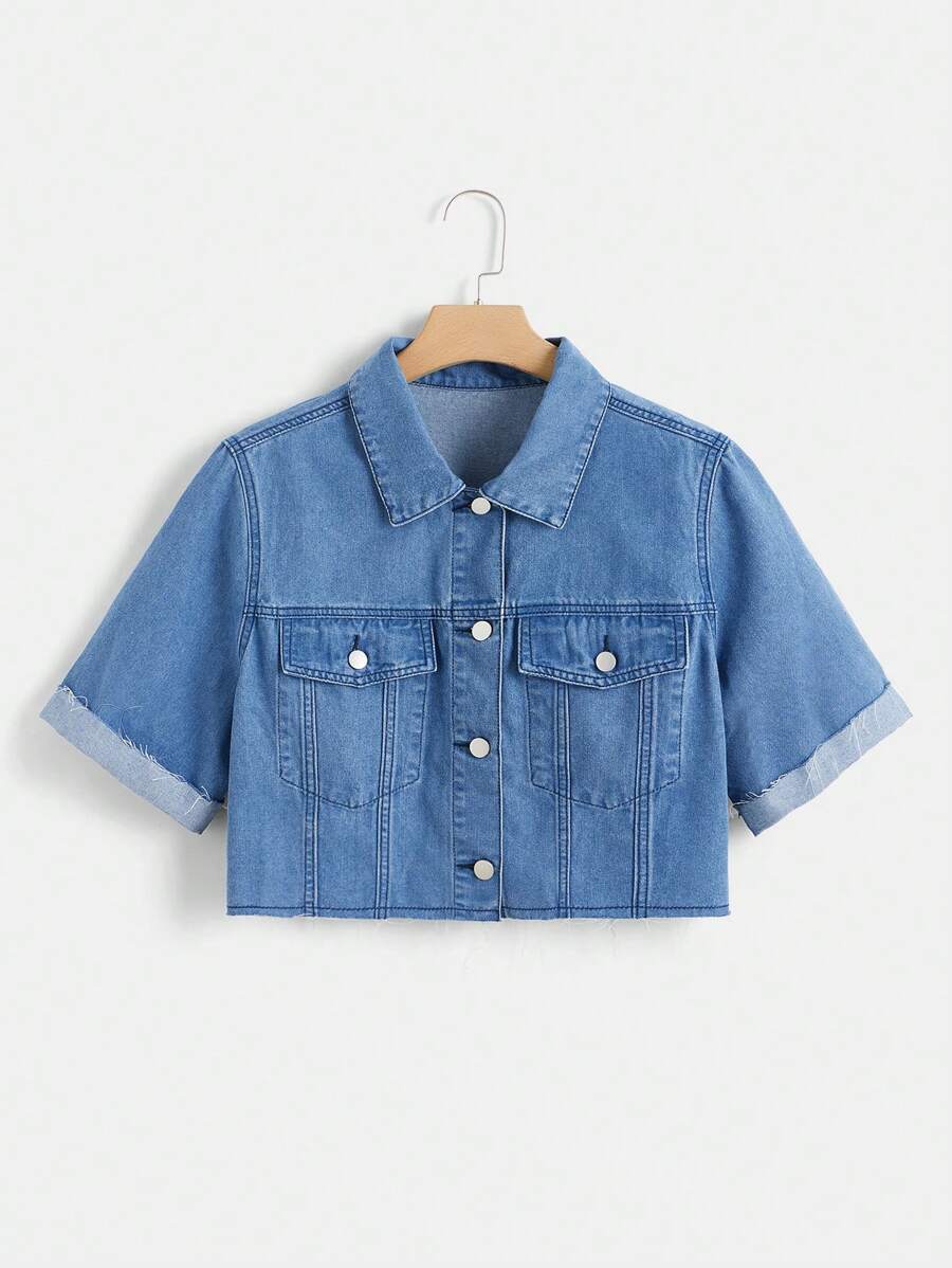 SHEIN EZwear 大碼翻蓋口袋短款牛仔夾克 - 中等水洗藍 - 查看 1