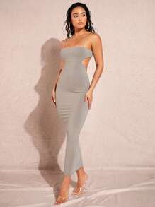 Silquee Solid Cut Out Waist Cami Bodycon Dress - Grey - View 7