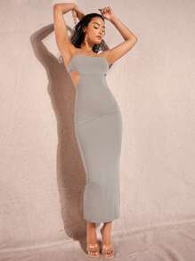 Silquee Solid Cut Out Waist Cami Bodycon Dress - Grey - View 5
