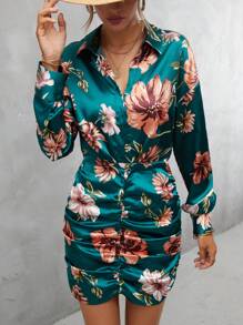 Aveloria Vestido ajustado con estampado floral de cuello profundo fruncido - Verde Oscuro - Ver 1