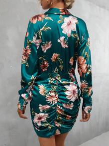 Aveloria Vestido ajustado con estampado floral de cuello profundo fruncido - Verde Oscuro - Ver 2