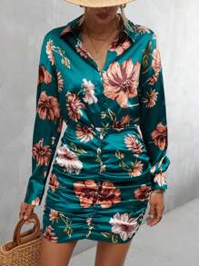 Aveloria Vestido ajustado con estampado floral de cuello profundo fruncido - Verde Oscuro - Ver 3