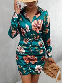 Aveloria Vestido ajustado con estampado floral de cuello profundo fruncido - Verde Oscuro - Ver 5