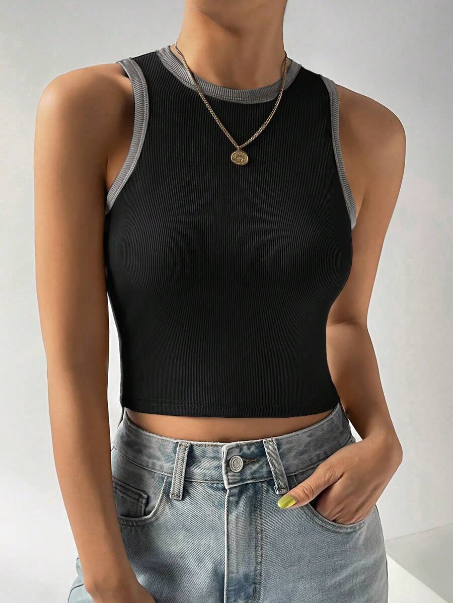 SHEIN EZwear 撞色滾邊短款背心 - 黑色 - 查看 1