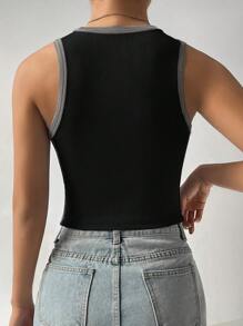 SHEIN EZwear 撞色滾邊短款背心 - 黑色 - 查看 2