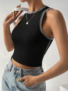 SHEIN EZwear 撞色滾邊短款背心 - 黑色 - 查看 3