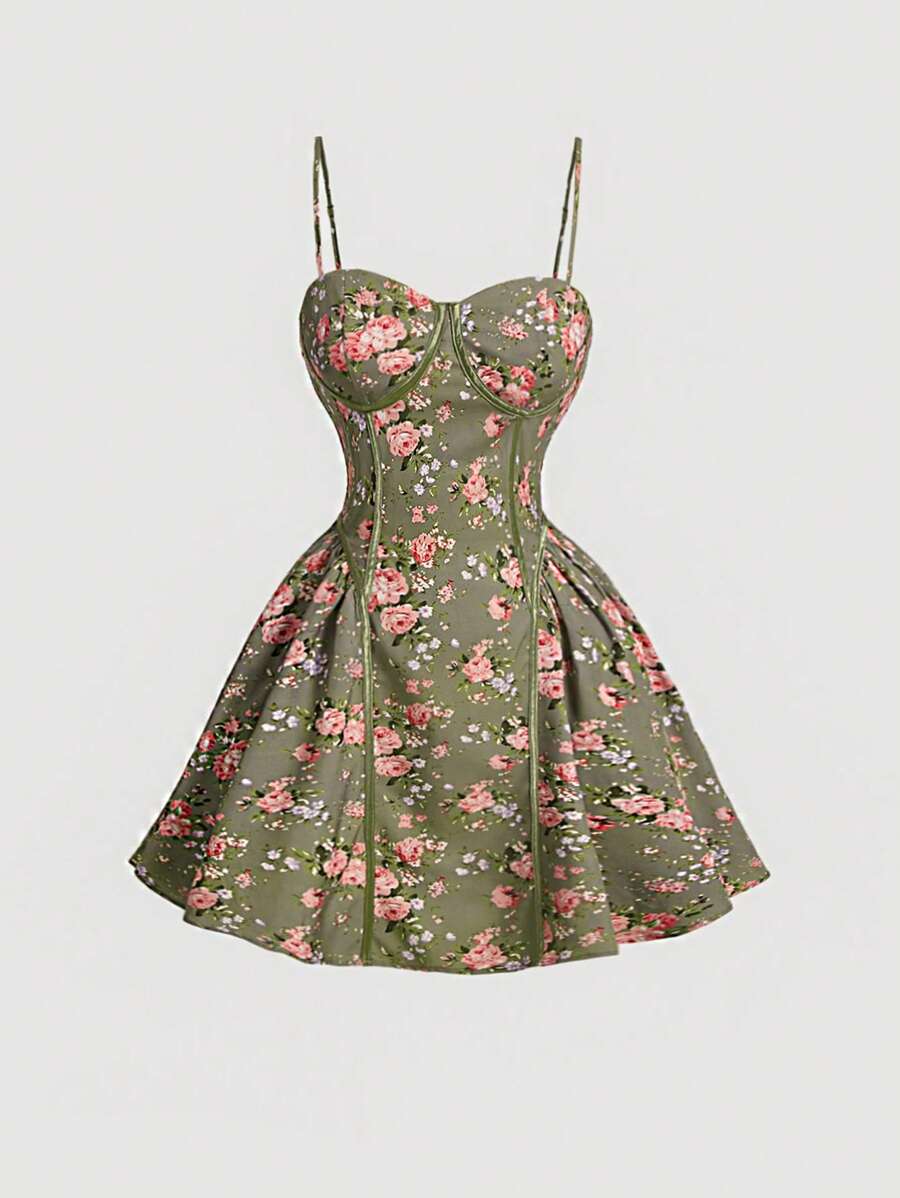 SHEIN MOD Allover Floral Print Bustier Cami Dress - Multicolor - View 1