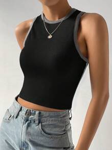 SHEIN EZwear 撞色滾邊短款背心 - 黑色 - 查看 4