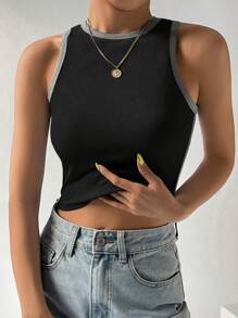 SHEIN EZwear 撞色滾邊短款背心 - 黑色 - 查看 6