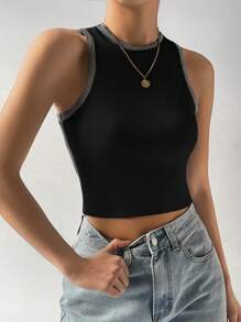 SHEIN EZwear 撞色滾邊短款背心 - 黑色 - 查看 7