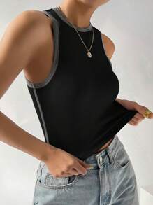 SHEIN EZwear 撞色滾邊短款背心 - 黑色 - 查看 8