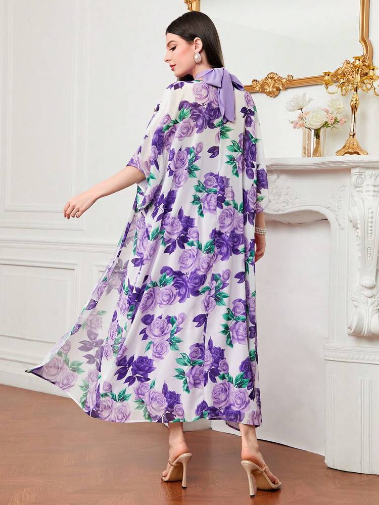 Floral Print Batwing Sleeve Coat & Dress