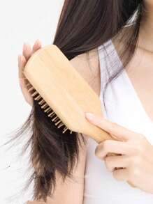 1 件便携式方形竹气垫按摩发刷，返校、旅行度假必备品，女士发饰 - 卡其色 - 查看 5