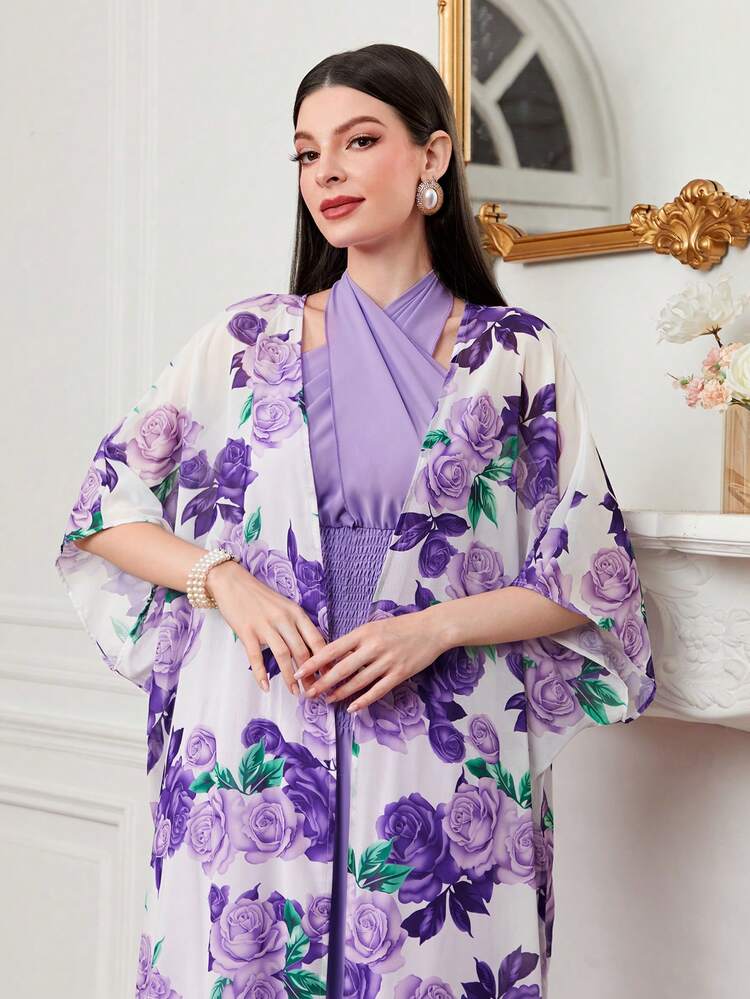 Floral Print Batwing Sleeve Coat & Dress