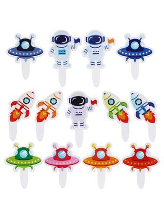 13入組宇航員設計蛋糕裝飾、卡通太空船和人偶裝飾紙蛋糕裝飾適合派對、節日