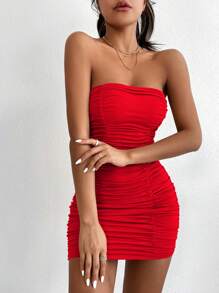 Chiquease Váy bodycon ống nhún trơn cho trang phục năm mới Mini Short dành cho nữ - Đỏ - Xem 3