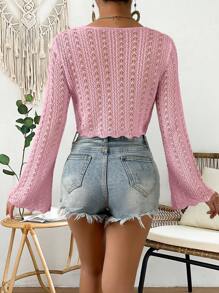 SHEIN VCAY Nữ Cardigans Sò điệp cắt Thắt nơ trước màu trơn Giải trí - Hồng - Xem 2